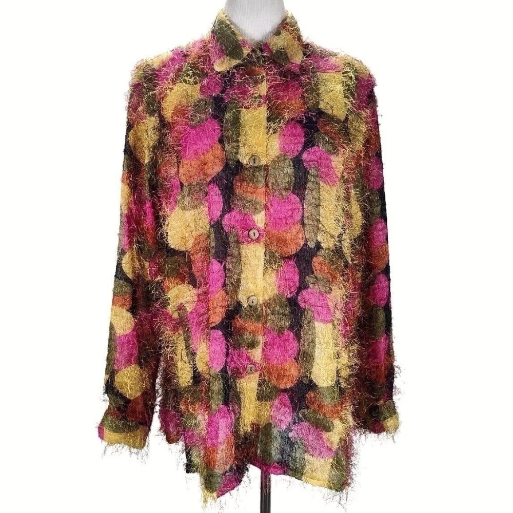 VTG Selene Sport Eyelash Fringe Top Women L Sheer Button Up Artsy Colorful Indie